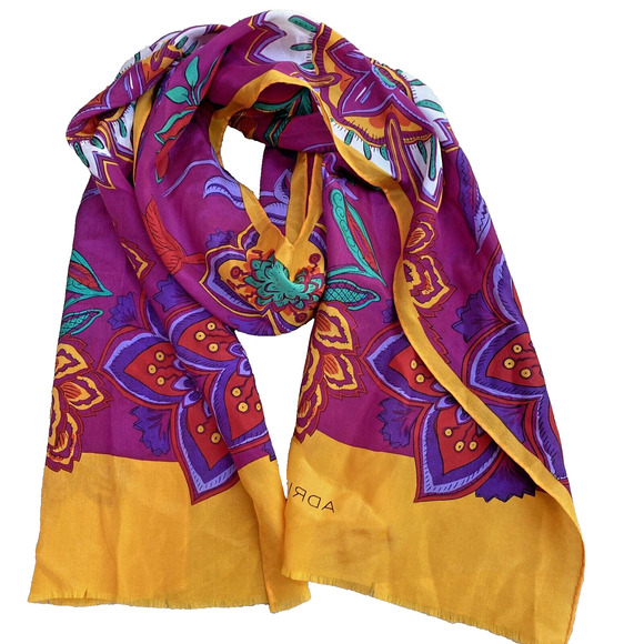Adrienne Vittadini Silk Scarf Long Rectangle Fringe Ends Mod Flowers Purple Gold - Picture 6 of 7